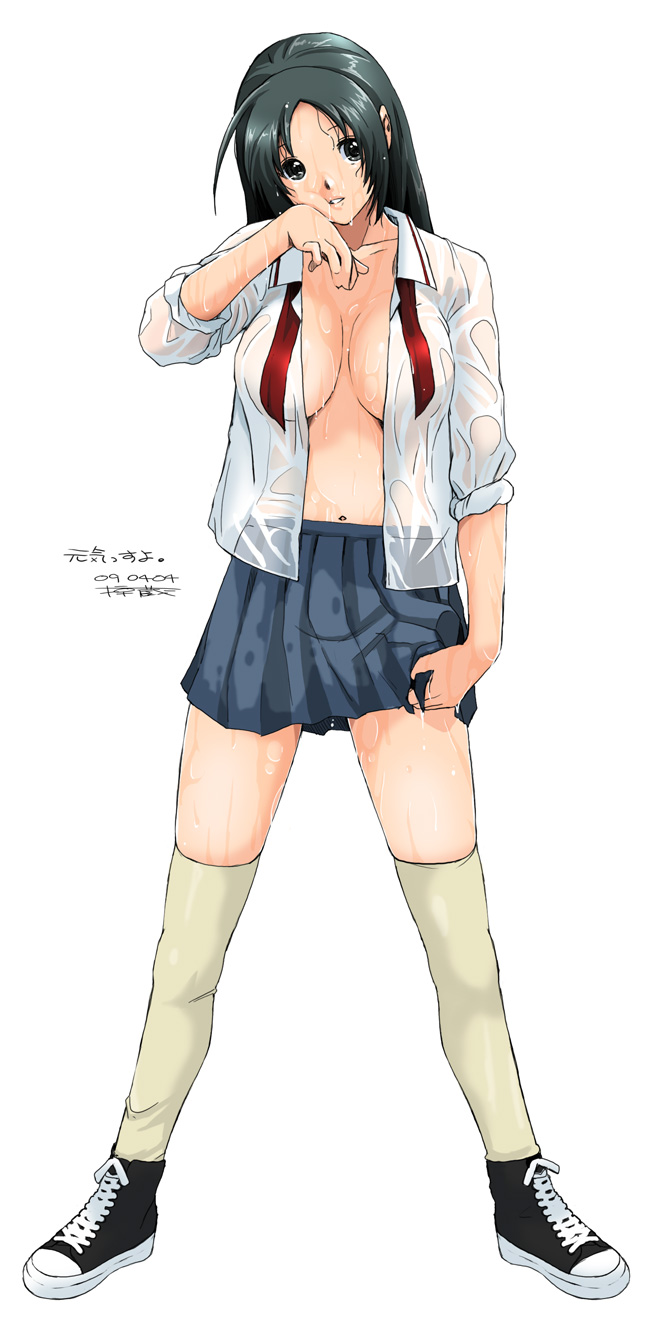 ryouzou, highres, 1girl, black hair, breasts, cleavage, female focus, full body, large breasts, long hair, open clothes, open shirt, school uniform, see-through clothes, shirt, shoes, simple background, sleeves rolled up, sneakers, solo, standing, thighhighs, wet