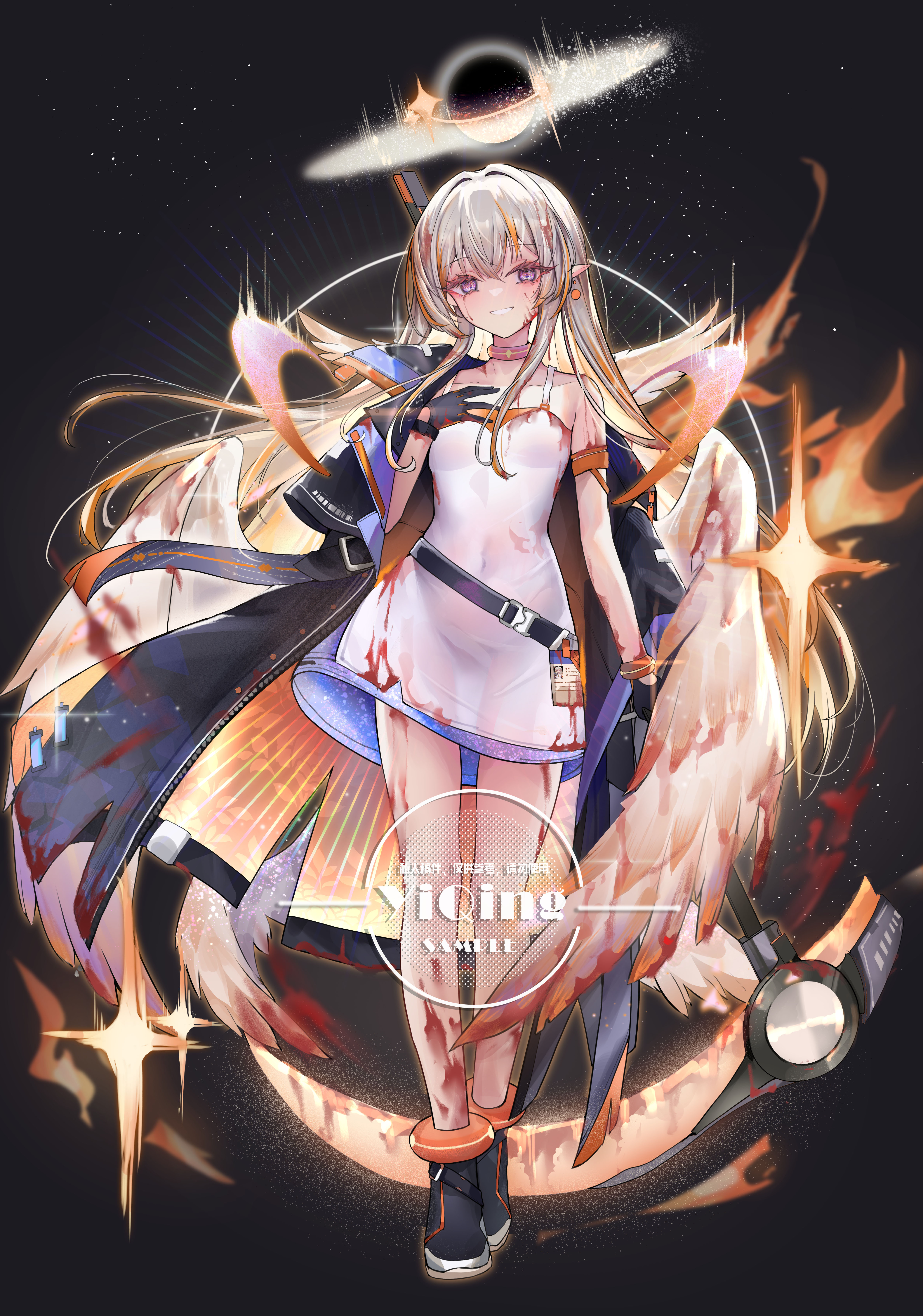yinber, original, absurdres, highres, 1girl, black gloves, black shoes, blonde hair, blood, blood on arm, blood on clothes, blood on face, blood on leg, bloody weapon, collar, dress, earrings, full body, gloves, holding, holding weapon, jacket, jewelry, long hair, looking at viewer, multicolored hair, navel, open clothes, open jacket, orange hair, purple eyes, shoes, solo, two-tone hair, weapon, white dress, wings