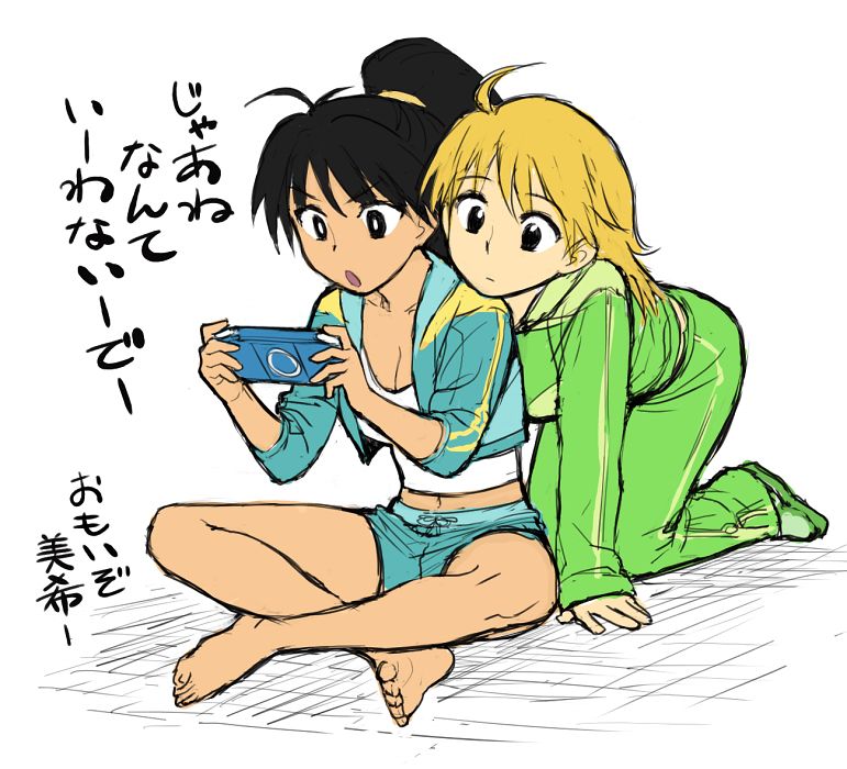 b suke, ganaha hibiki, hoshii miki, idolmaster, idolmaster (classic), commentary request, translation request, 2girls, ahoge, all fours, alternate breast size (larger), barefoot, black eyes, black hair, blonde hair, breasts, cleavage, cropped jacket, green shoes, handheld game console, holding, holding handheld game console, indian style, jacket, large breasts, multiple girls, navel, pants, playing games, playstation portable, ponytail, shoes, short shorts, shorts, sitting, sleeves past wrists, tan, track jacket, track pants, track suit