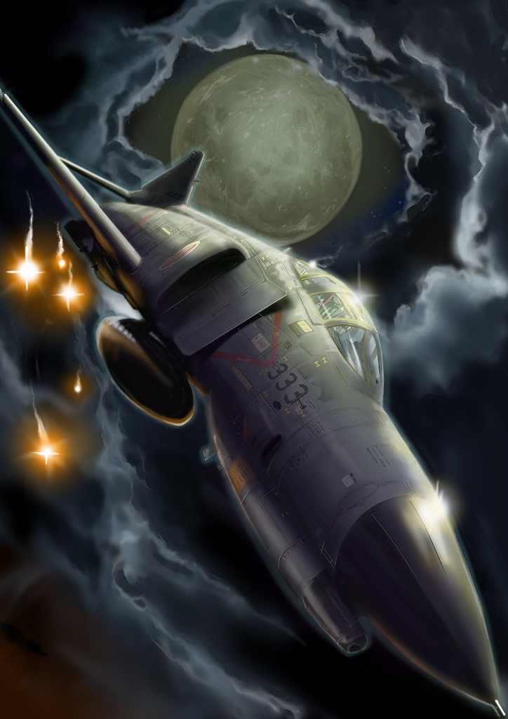 amisu, kawamuraesi, f-4, f-4 phantom ii, japan air self-defense force, japan self-defense force, original, bad id, bad pixiv id, aircraft, airplane, cloud, diving, dutch angle, external fuel tank, fighter jet, flares, full moon, military, military vehicle, missile, moon, night, no humans, sky, vehicle focus