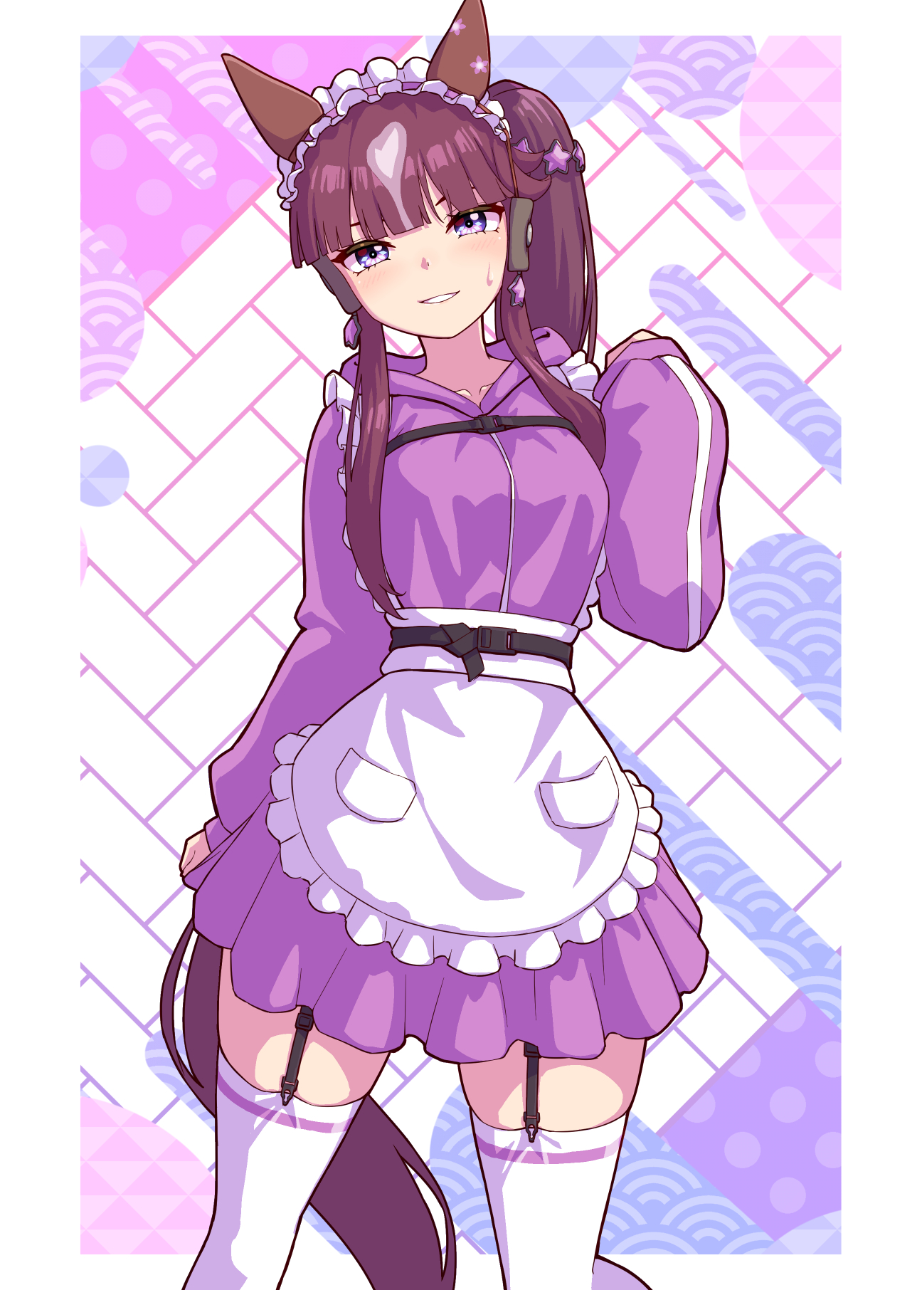 kamikumo (km kamikumo), lucky lilac (umamusume), umamusume, highres, 1girl, alternate costume, animal ears, belt, blunt bangs, blush, breasts, collarbone, hair between eyes, hair ornament, horse ears, horse girl, horse tail, jersey maid, looking at viewer, maid, medium breasts, purple eyes, side ponytail, simple background, solo, sweatdrop, tail, thighhighs, unconventional maid