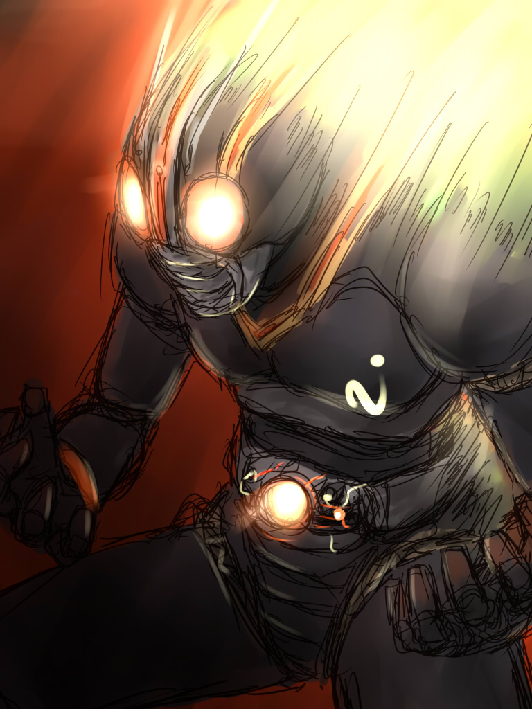 kakkou, kamen rider black, kamen rider, kamen rider black (series), 1boy, belt, crack, glowing, glowing eyes, male focus, sketch, solo