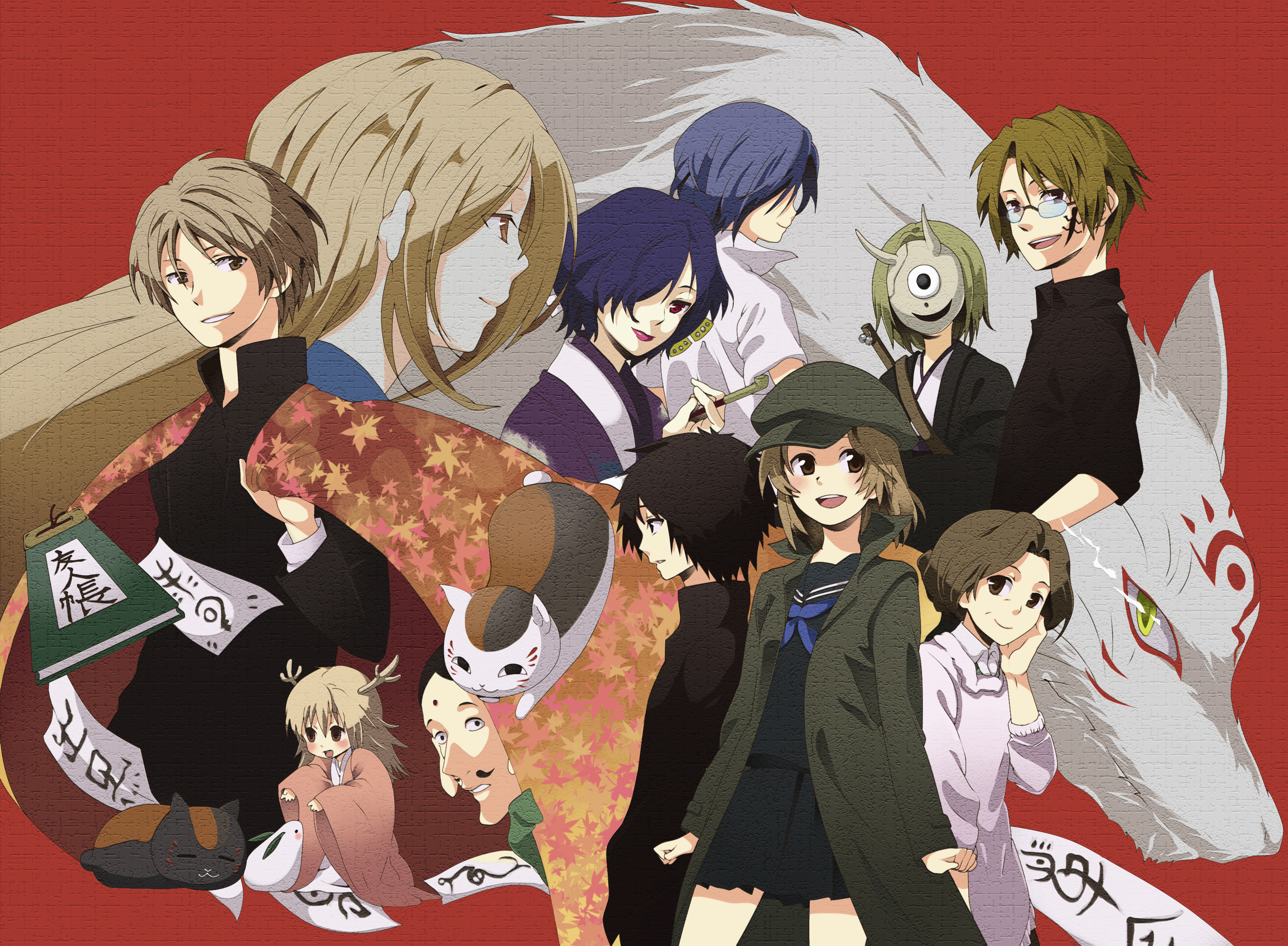 mitsuki meia, fujiwara touko, hiiragi (natsume), hinoe (natsume), madara (natsume), madara (natsume yuujinchou), natori shuichi, natsume reiko, natsume takashi, nyanko-sensei, riou (natsume), taki tohru, taki tooru, tama (natsume), tanuma kaname, natsume yuujinchou, highres, 00s, 5girls, 6+boys, animal, blonde hair, blue hair, from side, glasses, long sleeves, looking at viewer, multiple boys, multiple girls, profile, red background, simple background, traditional youkai, wolf