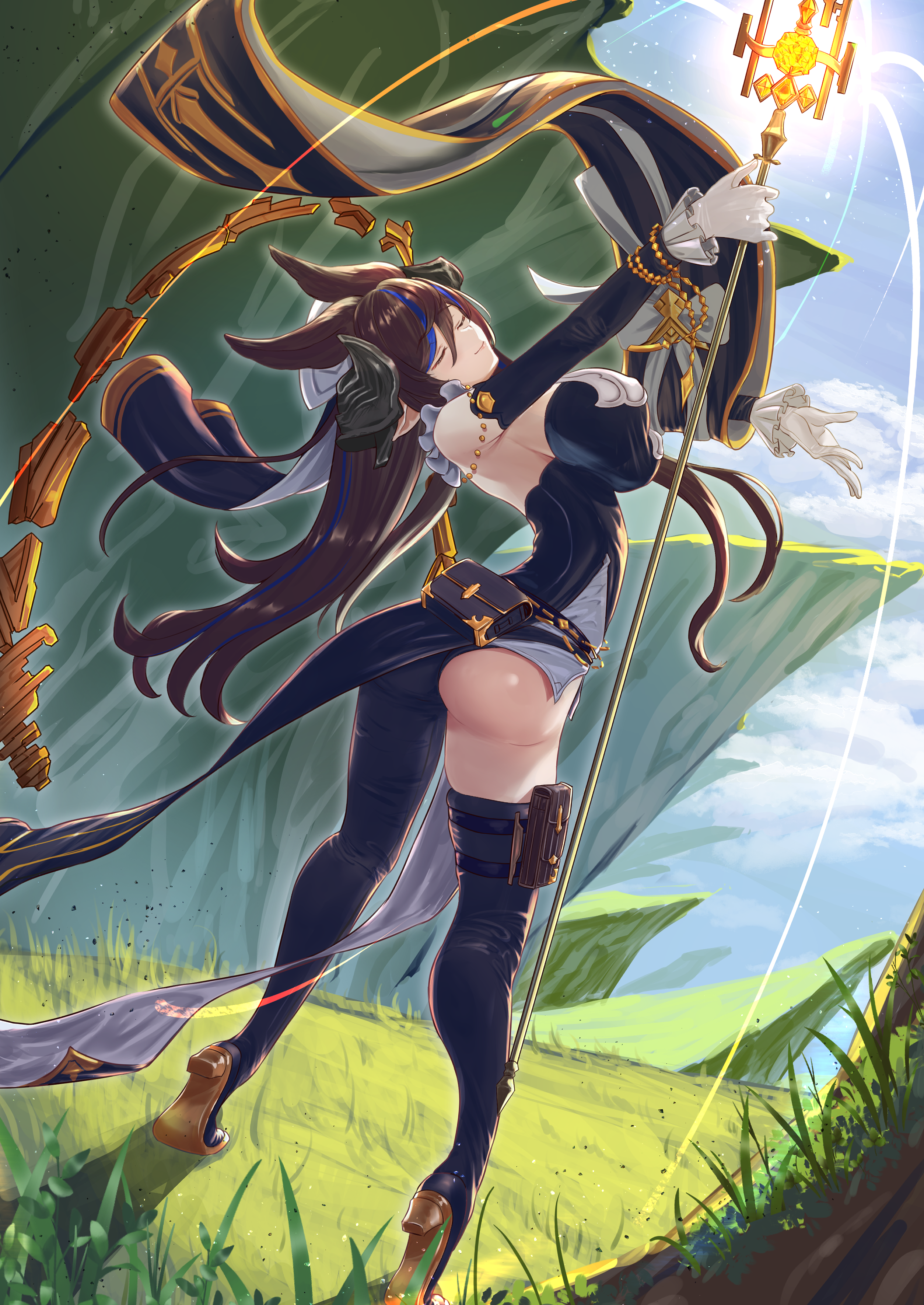 tatsumi yashiro, galleon (granblue fantasy), granblue fantasy, absurdres, highres, 1girl, ass, black thighhighs, breasts, brown hair, closed eyes, extra ears, from behind, full body, horns, large breasts, multicolored hair, pointy ears, single thighhigh, solo, streaked hair, thighhighs
