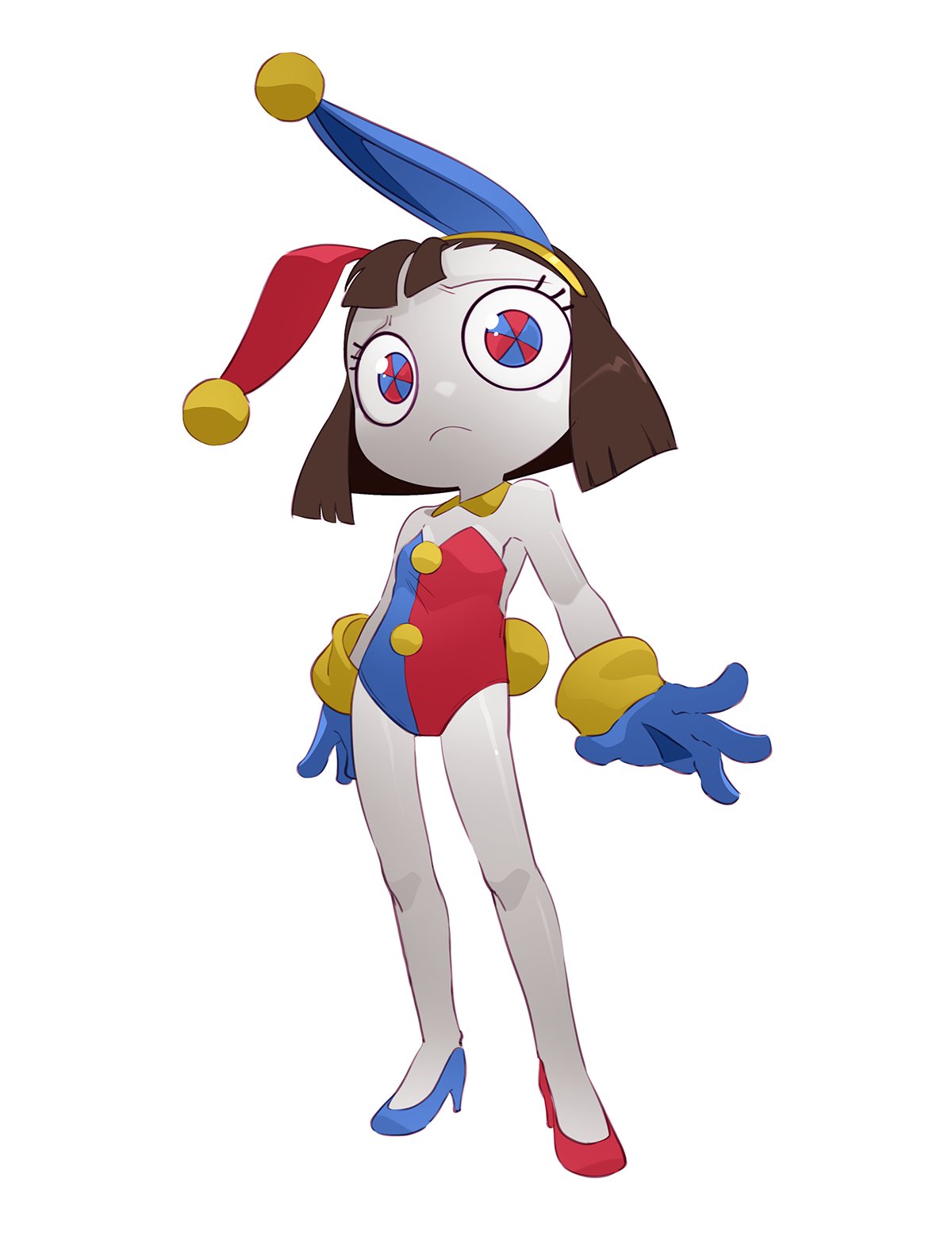 bleedman, pomni (the amazing digital circus), the amazing digital circus, highres, 1girl, animal ears, blue eyes, blue gloves, brown hair, detached collar, fake animal ears, fake tail, frown, full body, gloves, hairband, high heels, leotard, mismatched shoes, multicolored eyes, pale skin, playboy bunny, rabbit ears, rabbit tail, red eyes, solo, strapless, strapless leotard, tail, two-tone eyes, yellow hairband