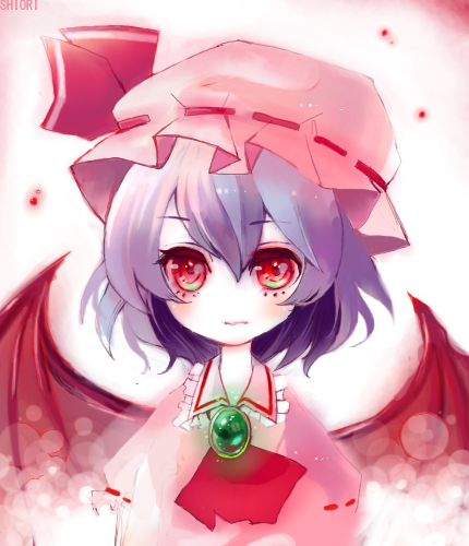 sakura shiori, shiori (pixiv), remilia scarlet, touhou, bad id, bad pixiv id, lowres, 1girl, bat wings, blue hair, female focus, gradient background, hat, red eyes, short hair, solo, upper body, white background, wings