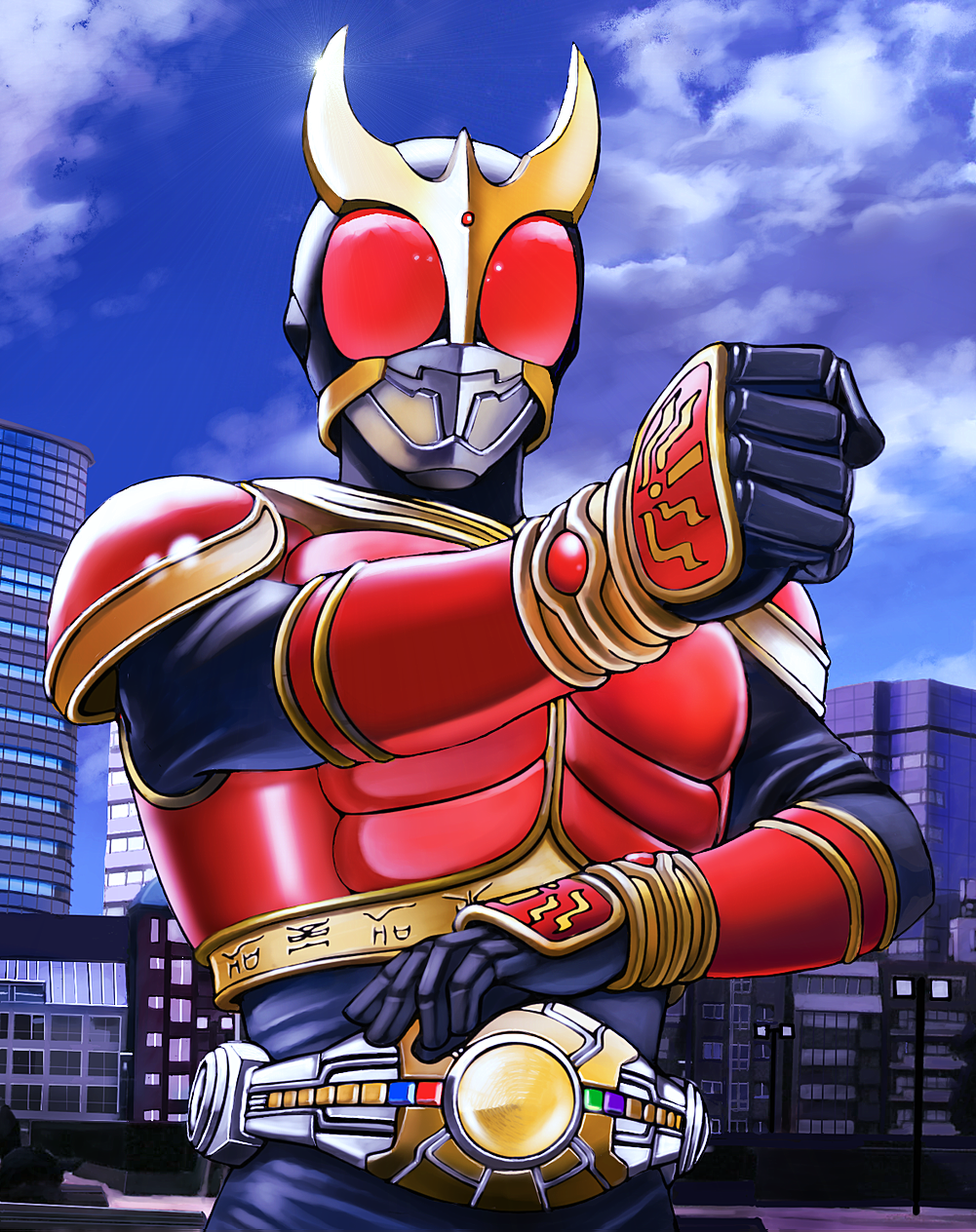 yusao, kamen rider kuuga, kamen rider, kamen rider kuuga (series), highres, 1boy, armor, belt, city, cloud, day, horns, male focus, mask, sky, solo