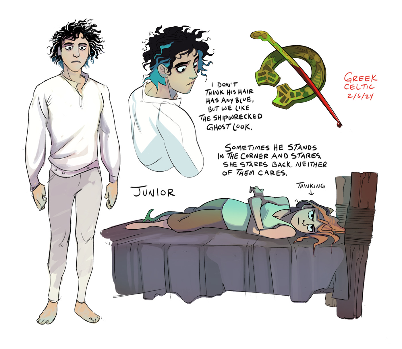 highres, 1boy, 1girl, bed, bed sheet, black hair, breasts, brown pants, cleavage, crossed arms, dated, english text, full body, ghost, greekceltic, green tank top, hood, hoodie, indoors, jacky (greekceltic), junior (greekceltic), long sleeves, medium hair, on bed, orange hair, pants, rope, shirt, short hair, signature, tail, tank top, white hoodie, white pants, white shirt