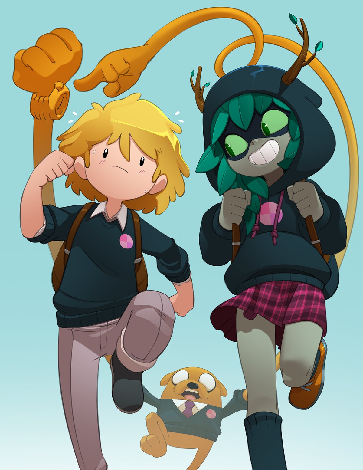 bleedman, finn the human, huntress wizard, jake the dog, adventure time, commentary, english commentary, highres, 1boy, 1girl, alternate universe, antlers, backpack, bag, black hoodie, black shoes, black sweater, blonde hair, colored sclera, colored skin, extendable limbs, flying sweatdrops, green eyes, green hair, green sclera, grey skin, grin, hood, hooded sweater, hoodie, horns, miniskirt, necktie, orange shoes, plaid clothes, plaid skirt, pointing, purple necktie, purple skirt, school uniform, shoes, skirt, smile, sweater, watch, wristwatch