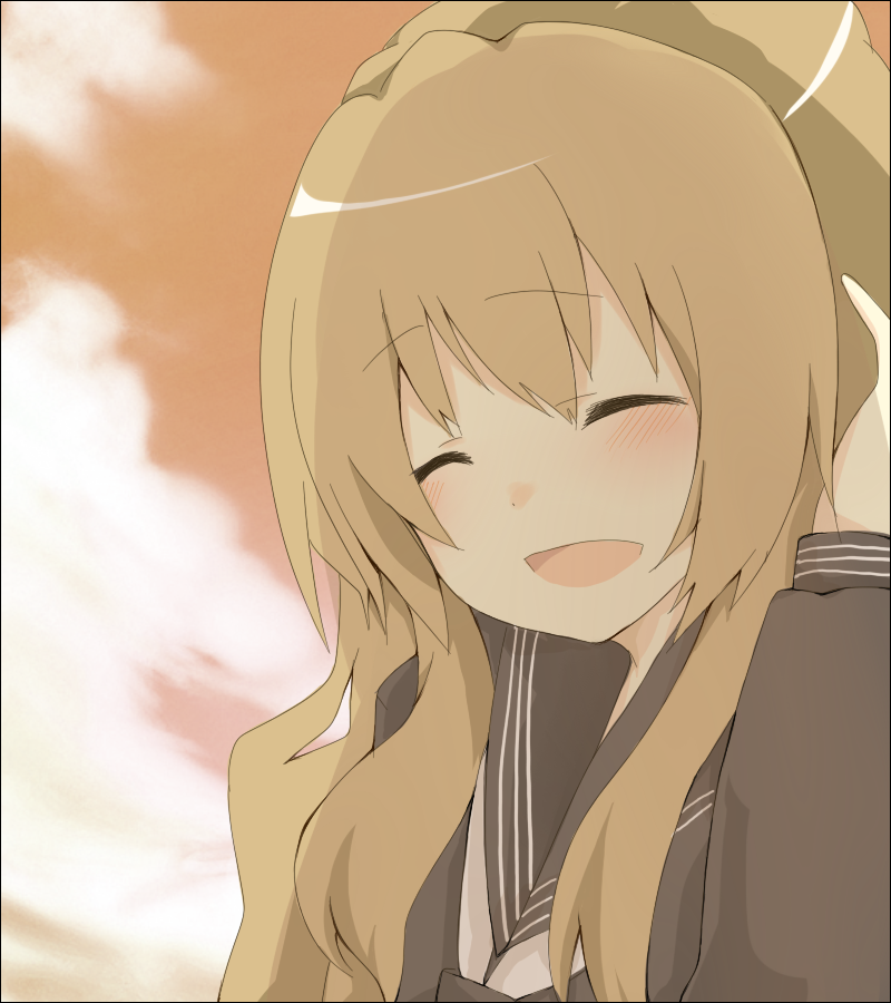 mono (recall), aisaka taiga, toradora!, bad id, bad pixiv id, 00s, ^ ^, brown hair, closed eyes, school uniform, sky, smile, solo
