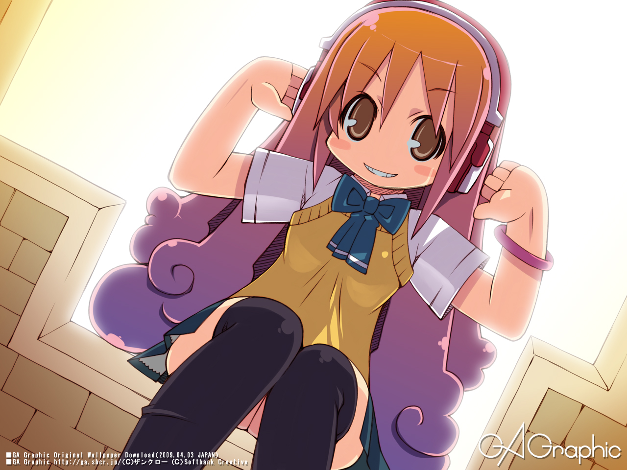 zankuro, gagraphic, black thighhighs, copyright name, dutch angle, headphones, school uniform, solo, thighhighs, watermark, web address
