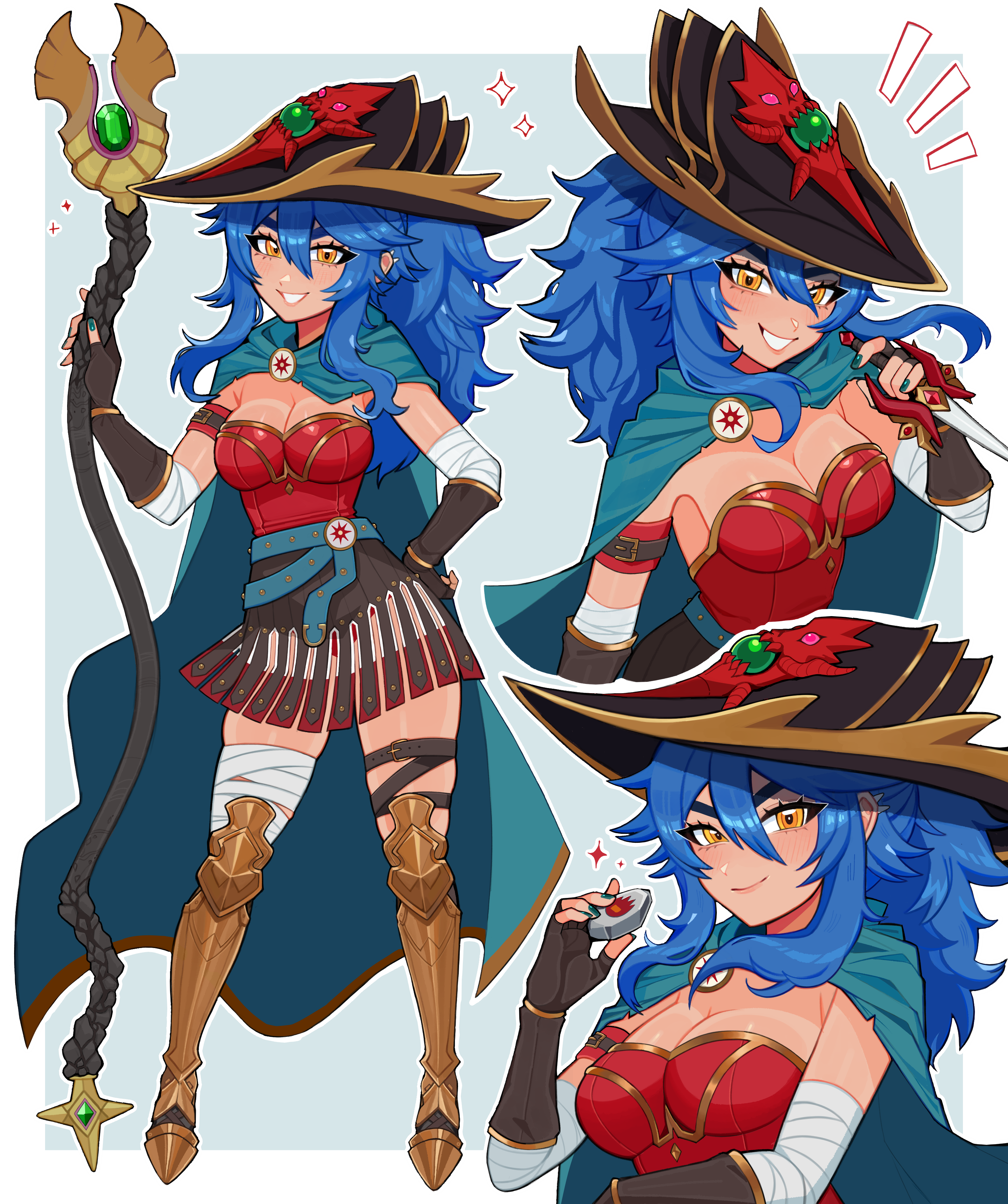 fizzeru, dang (runescape), old school runescape, original, runescape, absurdres, commentary, commission, english commentary, highres, making-of available, second-party source, 1girl, armor, armored boots, bandaged arm, bandaged leg, bandages, belt, blue hair, boots, breasts, brown skirt, cape, dagger, duellist's cap (tier 6), fingerless gloves, full body, gem, gladiator, gloves, glowing hat, gold trim, greaves, green belt, green cape, green gemstone, green nails, hair between eyes, hat, high ponytail, holding, holding staff, holding stone tablet, knife, leotard, light blush, long bangs, long hair, looking at viewer, medium breasts, multiple views, orange eyes, poleyn, ponytail, red leotard, runes, simple background, skirt, smile, smug, spiked ear piercing, spiked hair, staff, staff of armadyl (runescape), standing, stone tablet, sun symbol, thick eyebrows, weapon, yellow eyes