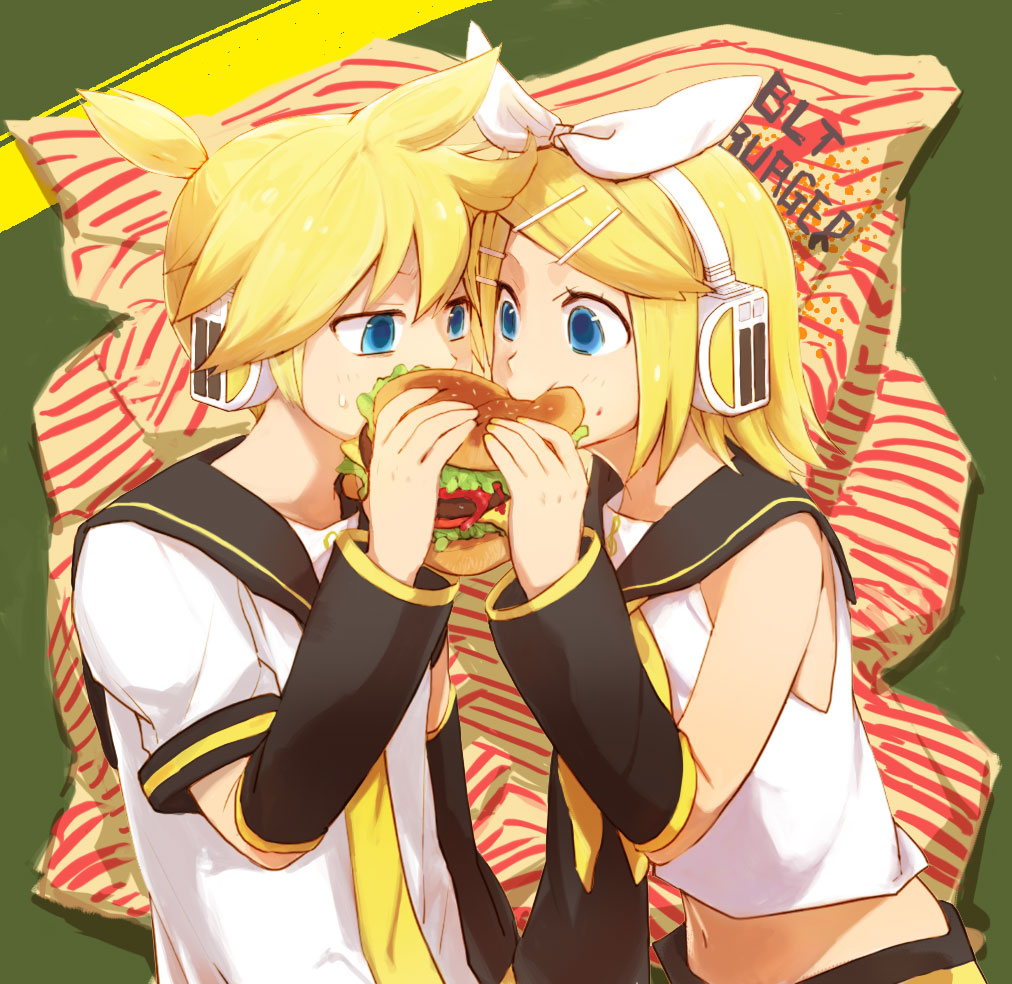mitosa, suko mugi, kagamine len, kagamine rin, vocaloid, colorized, 1boy, 1girl, blonde hair, blue eyes, bow, brother and sister, burger, detached sleeves, eating, food, hair bow, hair ornament, hairclip, headset, midriff, short hair, siblings, twins