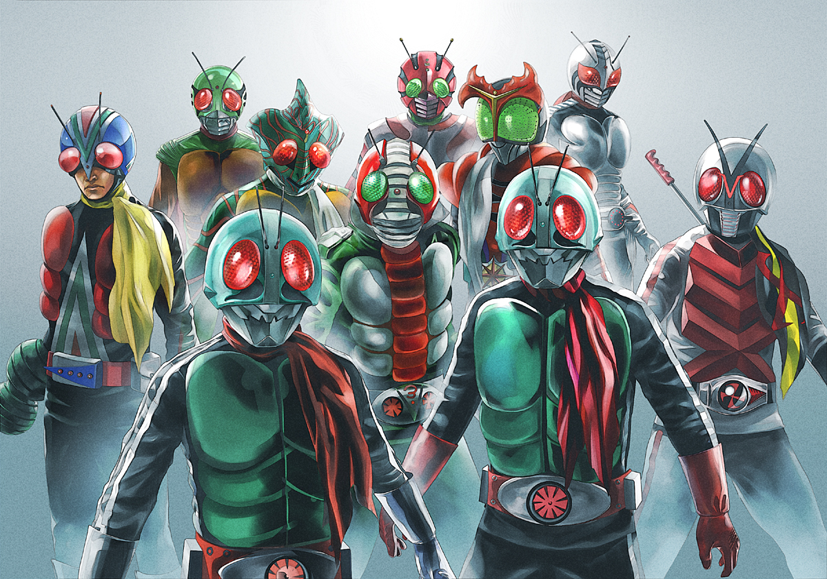 tonji, kamen rider 1, kamen rider 2, kamen rider amazon, kamen rider stronger, kamen rider super-1, kamen rider v3, kamen rider x, kamen rider zx, riderman, skyrider, kamen rider, kamen rider (1st series), kamen rider amazon (series), kamen rider stronger (series), kamen rider super-1 (series), kamen rider v3 (series), kamen rider x (series), new kamen rider, bad id, bad pixiv id, 6+boys, belt, everyone, helmet, male focus, multiple boys, scarf