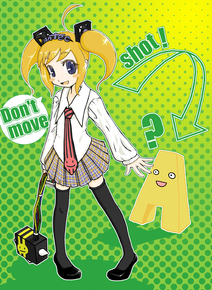 naitori sakana, antecco, antec, ahoge, blonde hair, blue eyes, computer fan, mascot, necktie, solo, thighhighs, twintails