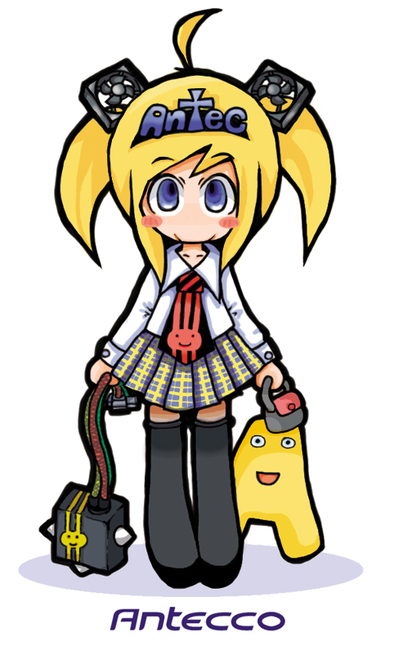 antecco, antec, ahoge, blonde hair, blue eyes, computer fan, mascot, necktie, solo, thighhighs, twintails