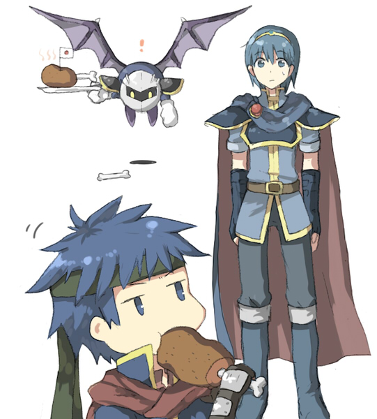 ike (fire emblem), marth (fire emblem), meta knight, fire emblem, fire emblem: mystery of the emblem, fire emblem: path of radiance, kirby (series), nintendo, super smash bros., 2boys, blue eyes, blue hair, boned meat, cape, eating, food, gloves, headband, japanese flag, mask, meat, multiple boys, roast bone, wings, yellow eyes