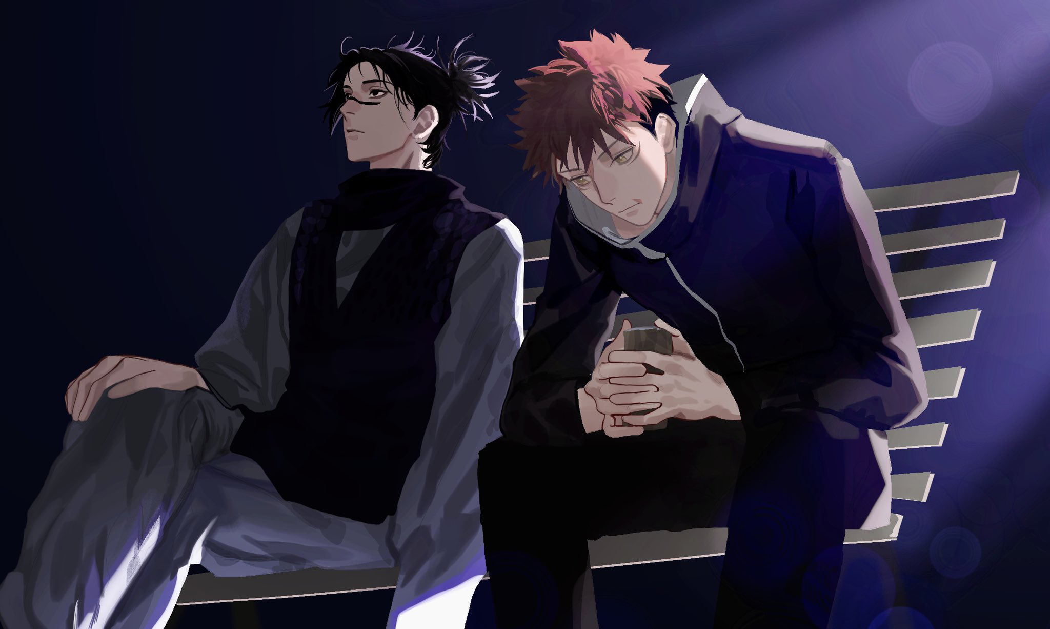 kotomine (a1569), choso (jujutsu kaisen), itadori yuuji, jujutsu kaisen, commentary request, highres, 2boys, bench, black hair, black scarf, can, canned coffee, closed mouth, cup, drink can, facial mark, hand on own knee, holding, holding cup, male focus, multiple boys, purple background, red hair, scar, scar on face, scarf, short hair, sitting