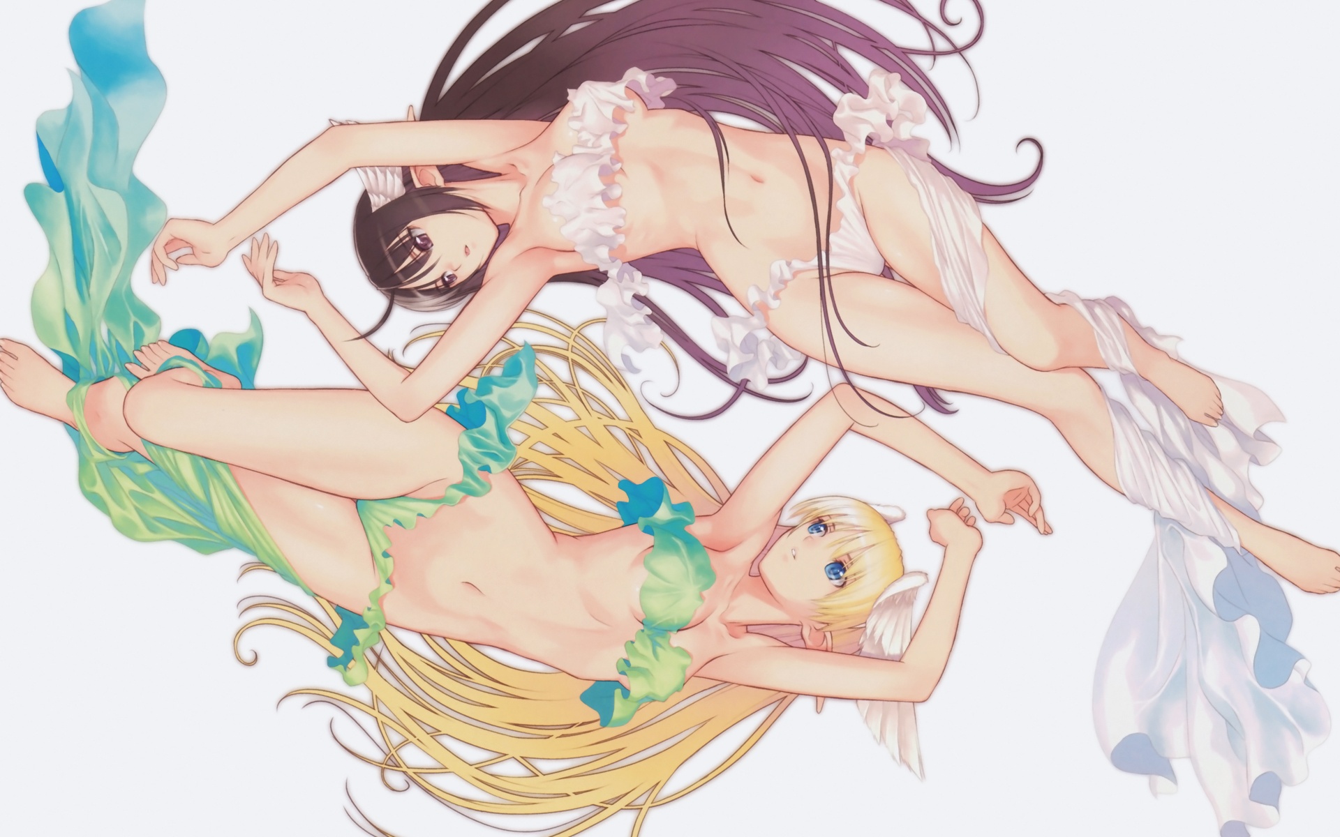 tony taka, elwing, xecty ein, sega, shining (series), shining tears, shining wind, highres, 2girls, barefoot, black hair, blonde hair, blue eyes, brown eyes, head wings, legs, long hair, long legs, multiple girls, pointy ears, rotational symmetry, thighs, very long hair, wings