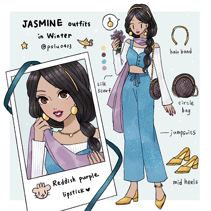 jasmine (disney), aladdin (movie), 1girl, black hair, brown eyes, contemporary, dark-skinned female, dark skin, earrings, jewelry, long hair, looking at viewer, pants, peilu (pslu0423), shirt, smile, solo, very long hair