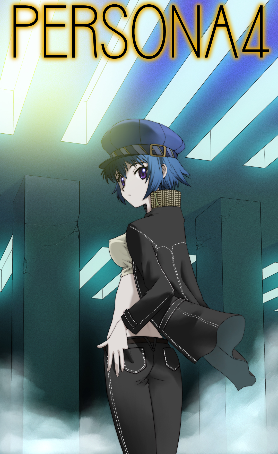 kikumaru bunta, shirogane naoto, atlus, persona, persona 4, lights, highres, 1girl, blue hair, breasts, building, covered erect nipples, female focus, fog, hat, looking back, medium breasts, newsboy cap, open clothes, open shirt, purple eyes, school uniform, shirt, short hair, solo