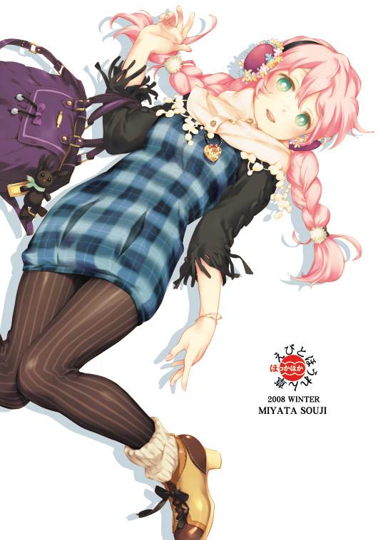 miyata souji, 1girl, ankle boots, backpack, bag, boots, braid, cowl neck scarf, dress, earmuffs, female focus, fringe trim, green eyes, high heel boots, high heels, infinity scarf, lace-up boots, legs, lying, on back, pantyhose, patterned legwear, pink hair, pinstripe pattern, plaid clothes, plaid dress, randoseru, saddle shoes, scarf, shoes, smile, solo, striped clothes, striped pantyhose, twin braids, winter clothes