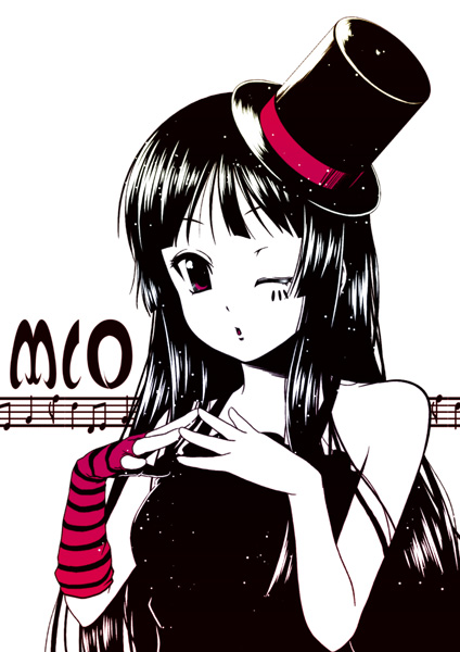 kouji (campus life), akiyama mio, don't say "lazy", k-on!, 00s, 1girl, blunt bangs, facepaint, female focus, gothic lolita, hat, hime cut, lolita fashion, long hair, mini hat, mini top hat, monochrome, one eye closed, solo, top hat, wink