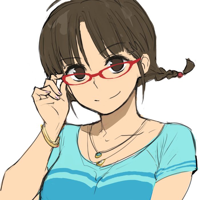 b suke, akizuki ritsuko, idolmaster, idolmaster (classic), commentary request, 1girl, adjusting eyewear, aqua shirt, bracelet, braid, breasts, brown eyes, brown hair, glasses, jewelry, medium breasts, necklace, pink nails, red-framed eyewear, shirt, solo, twin braids, upper body