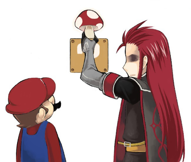 doroimo, asch (tales), mario, mario (series), namco, nintendo, super mario bros. 1, tales of (series), tales of the abyss, md5 mismatch, 00s, 2boys, ? block, brown hair, crossover, facial hair, hat, long hair, male focus, multiple boys, mushroom, mustache, red hair, super mushroom, surcoat, white background
