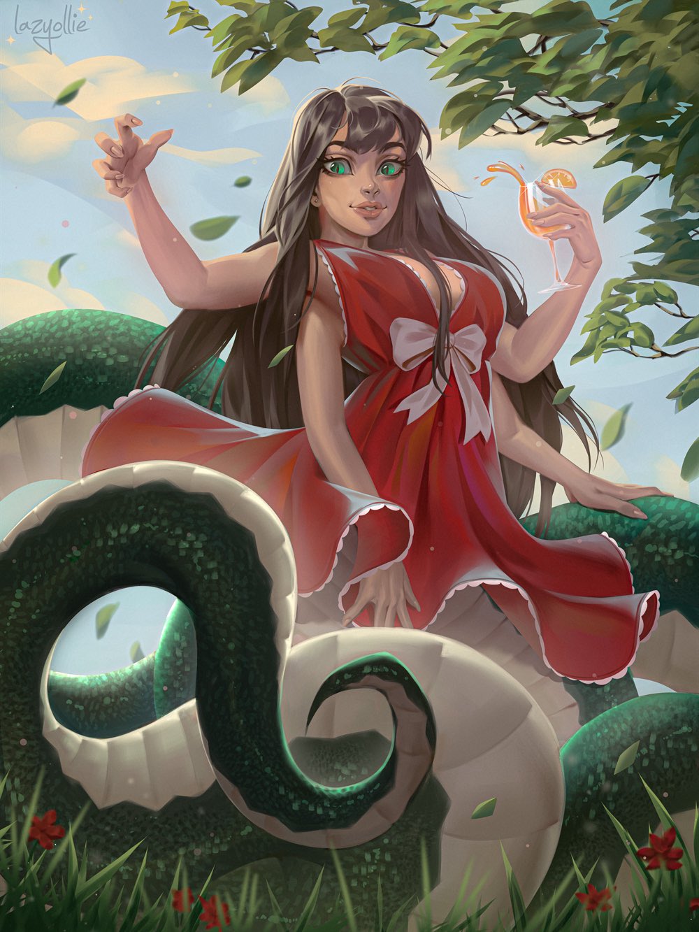 lazy ollie, highres, 1girl, artist name, breasts, brown hair, cup, dress, extra arms, food, fruit, glass, grass, green eyes, groping motion, holding, holding cup, lamia, large breasts, leaf, lips, long hair, monster girl, orange (fruit), orange slice, smile, tail, tree