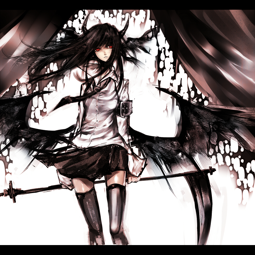 neota, koakuma, embodiment of scarlet devil, touhou, bad id, bad pixiv id, 1girl, demon girl, female focus, head wings, horns, long hair, necktie, red eyes, scythe, shirt, skirt, solo, thighhighs, white background, white shirt, wings