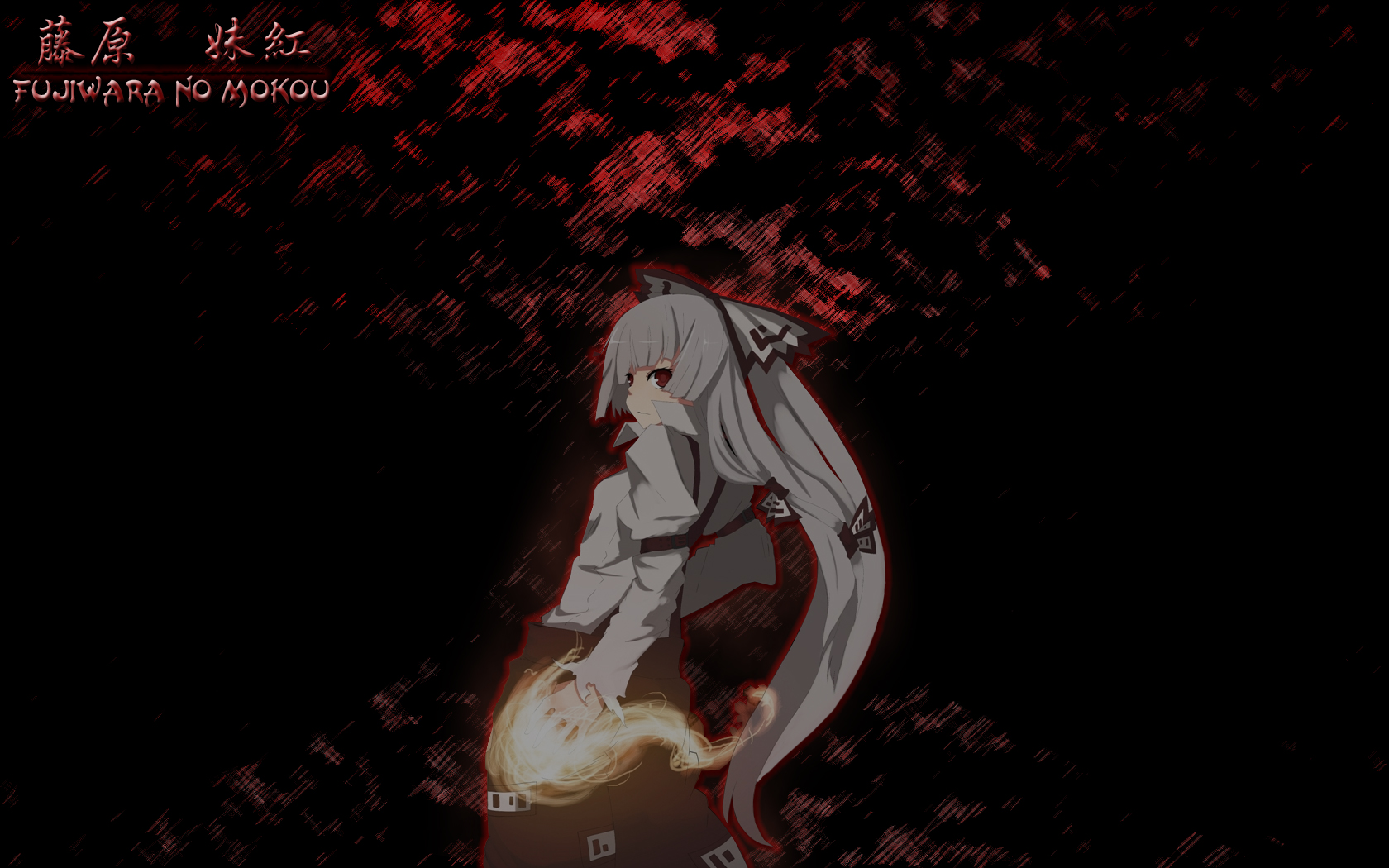 fujiwara no mokou, touhou, highres, 1girl, black background, bow, dark, female focus, hair bow, hair ribbon, long hair, red eyes, ribbon, solo, standing
