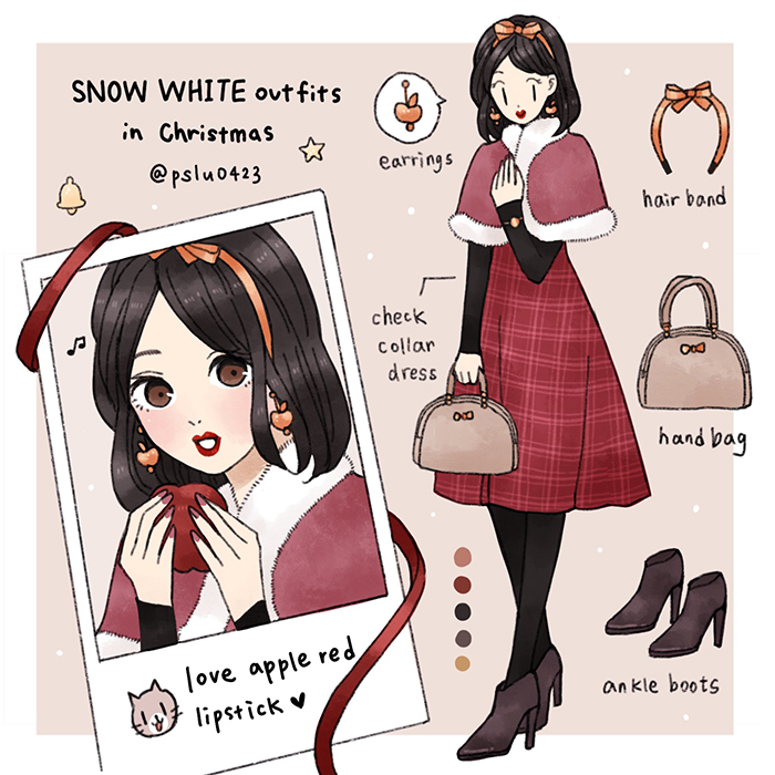 snow white and the seven dwarfs (disney), 1girl, animification, bag, black hair, bow, capelet, contemporary, dress, hair bow, handbag, long sleeves, looking at viewer, peilu (pslu0423), red capelet, short hair, smile, solo