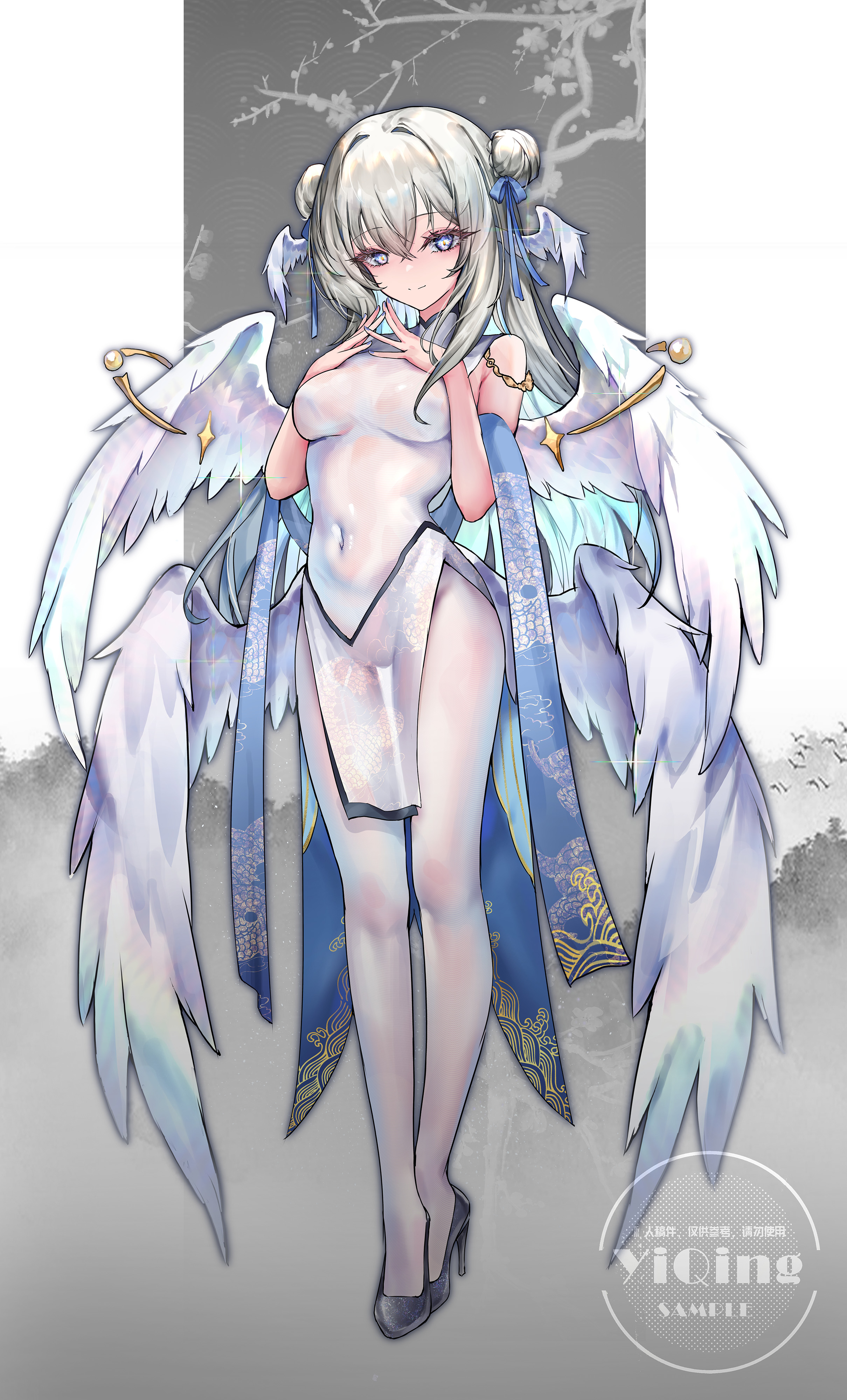 yinber, original, absurdres, highres, 1girl, blue bow, blue eyes, bow, breasts, closed mouth, covered navel, double bun, full body, grey hair, hair bow, hair bun, head wings, high heels, long hair, looking at viewer, multiple wings, solo, white wings, wings
