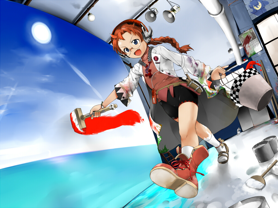 hiru okita, nekomura, original, 1girl, asymmetrical clothes, asymmetrical footwear, bike shorts, blue eyes, boots, braid, bucket, dutch angle, fangs, female focus, glasses, headphones, mismatched footwear, paint, paintbrush, painting (action), red hair, solo, trim brush, walking, watch, wristwatch