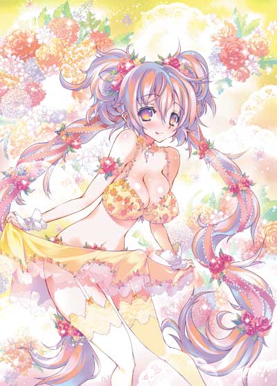 riki, riki (riki2), original, 1girl, bra, bulge, clothes lift, erection, erection under clothes, female focus, garter straps, hair between eyes, lingerie, long hair, skirt, skirt hold, skirt lift, solo, thighhighs, twintails, underwear, very long hair