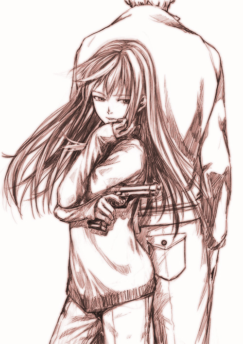 gou (double trigger), original, tall, 1boy, 1girl, beretta 92, gun, handgun, height difference, monochrome, pink theme, pistol, sketch, weapon