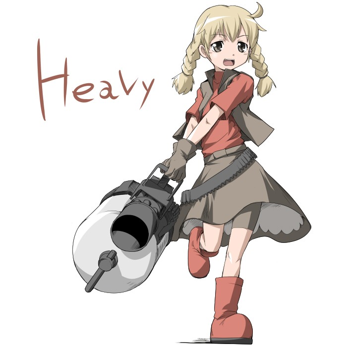 hiru okita, nekomura, heavy (tf2), red heavy (tf2), team fortress 2, 1girl, animification, boots, braid, female focus, gatling gun, genderswap, genderswap (mtf), gloves, gun, minigun, open mouth, short hair, short twintails, solo, twin braids, twintails, weapon