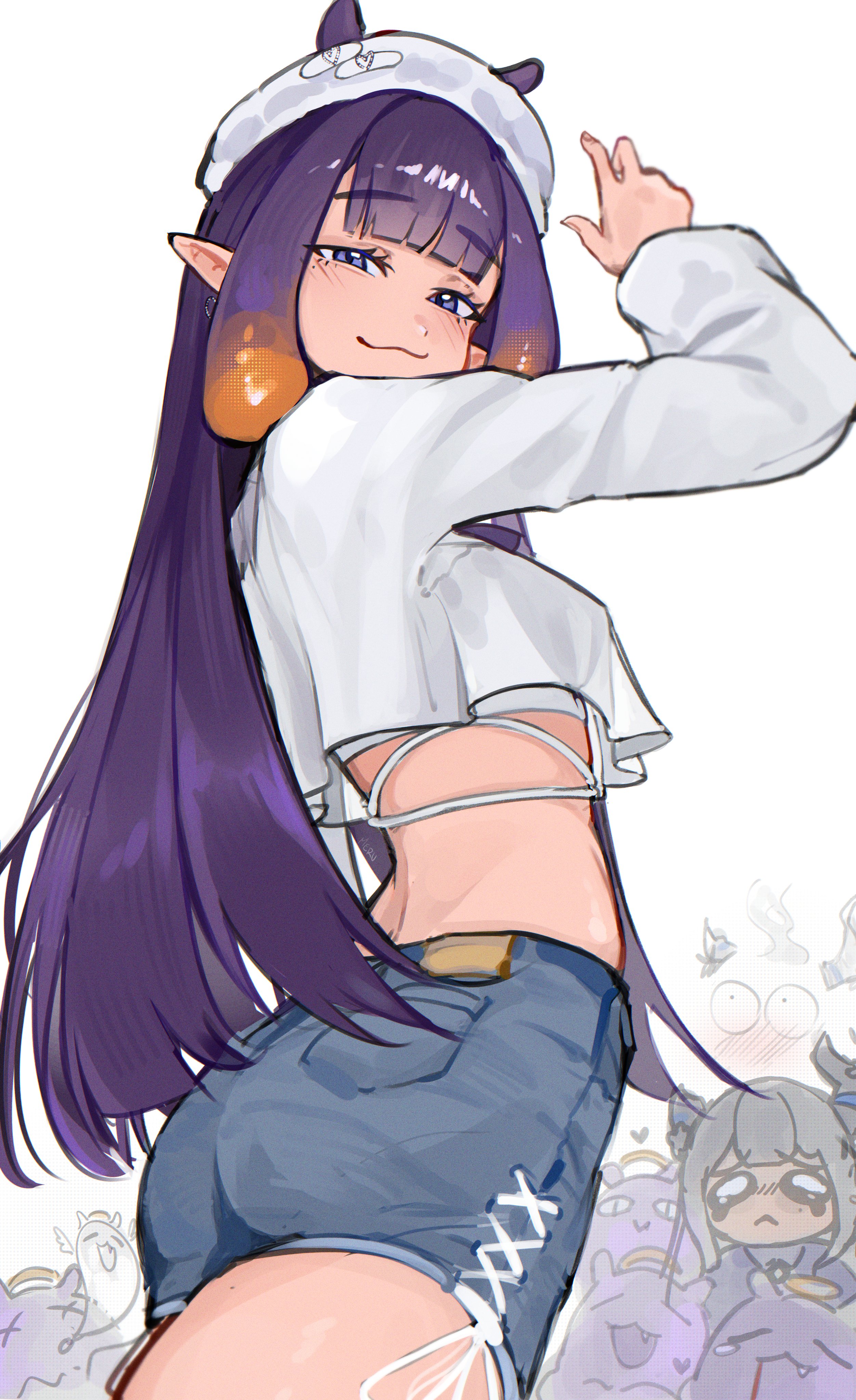 m3ru, nerissa ravencroft, ninomae ina'nis, hololive, hololive english, absurdres, highres, :3, blunt bangs, crop top, from behind, from below, gradient hair, hat, long hair, long sleeves, looking at viewer, mole, mole under eye, multicolored hair, orange hair, pointy ears, purple hair, shorts, smug, tentacle hair, tentacles, white hat