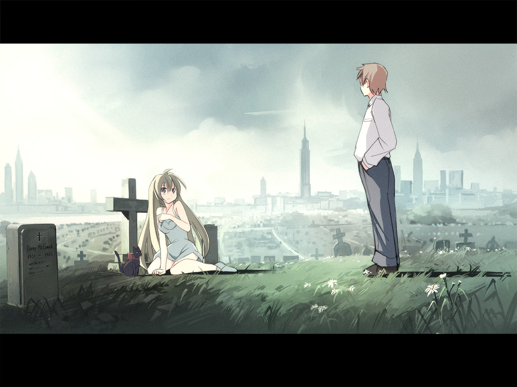 seo tatsuya, original, south park, 1boy, 1girl, black cat, blouse, cat, cityscape, day, grave, graveyard, hair between eyes, letterboxed, long hair, new york city, outdoors, shirt, sitting, standing, surprised, united states, very long hair, white shirt