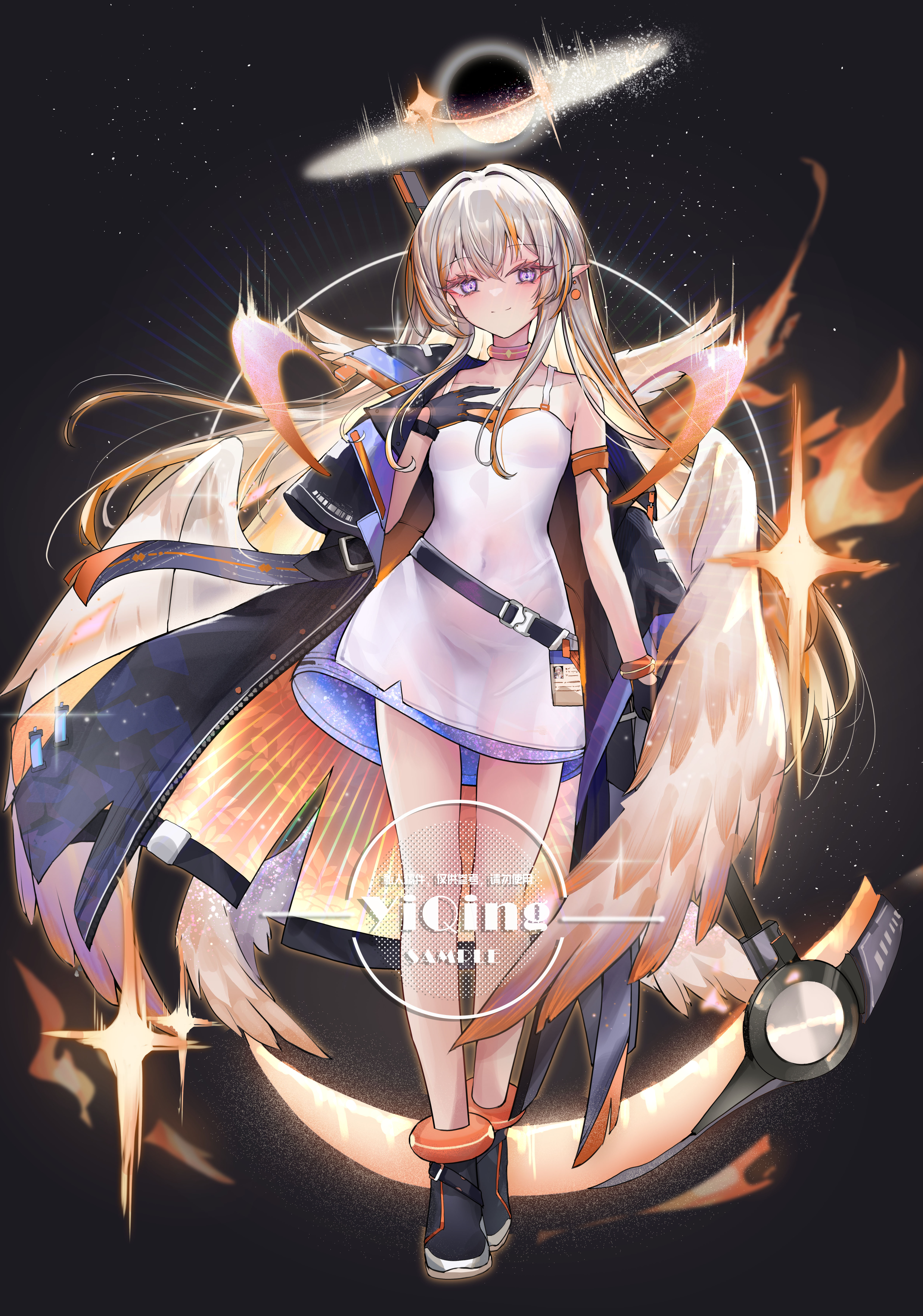 yinber, original, absurdres, highres, 1girl, black gloves, black shoes, blonde hair, closed mouth, collar, dress, earrings, full body, gloves, holding, holding weapon, jacket, jewelry, long hair, looking at viewer, multicolored hair, navel, open clothes, open jacket, orange hair, purple eyes, shoes, solo, two-tone hair, weapon, white dress, wings