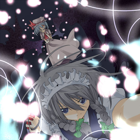 hamo (perfect harmony), izayoi sakuya, remilia scarlet, touhou, silver hair, lowres, 2girls, blue eyes, blush, dress, female focus, hat, looking at viewer, maid headdress, mob cap, multiple girls, pink dress, puffy short sleeves, puffy sleeves, short sleeves, upper body