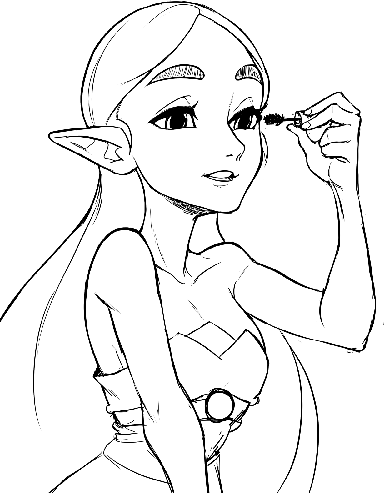 teevo, princess zelda, nintendo, the legend of zelda, the legend of zelda: breath of the wild, bare shoulders, breasts, dress, eyeliner, long hair, makeup, pointy ears, sideboob, sketch