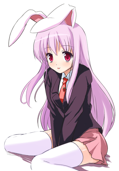 r-type nirvana, reisen udongein inaba, touhou, light purple hair, 1girl, :p, animal ears, between legs, blazer, female focus, food, fruit, hand between legs, jacket, necktie, pink eyes, rabbit ears, red necktie, simple background, sitting, skirt, solo, strawberry, thighhighs, tongue, tongue out, wariza, white thighhighs, zettai ryouiki