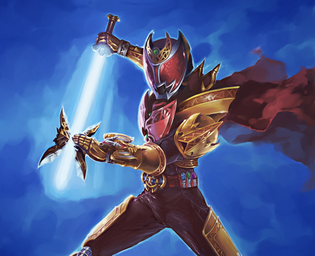 kow (k.), kow (kow0117), kamen rider kiva, kamen rider kiva (emperor form), kamen rider, kamen rider kiva (series), bad id, bad pixiv id, 1boy, armor, cape, energy sword, gold armor, holding, holding sword, holding weapon, male focus, solo, sword, weapon