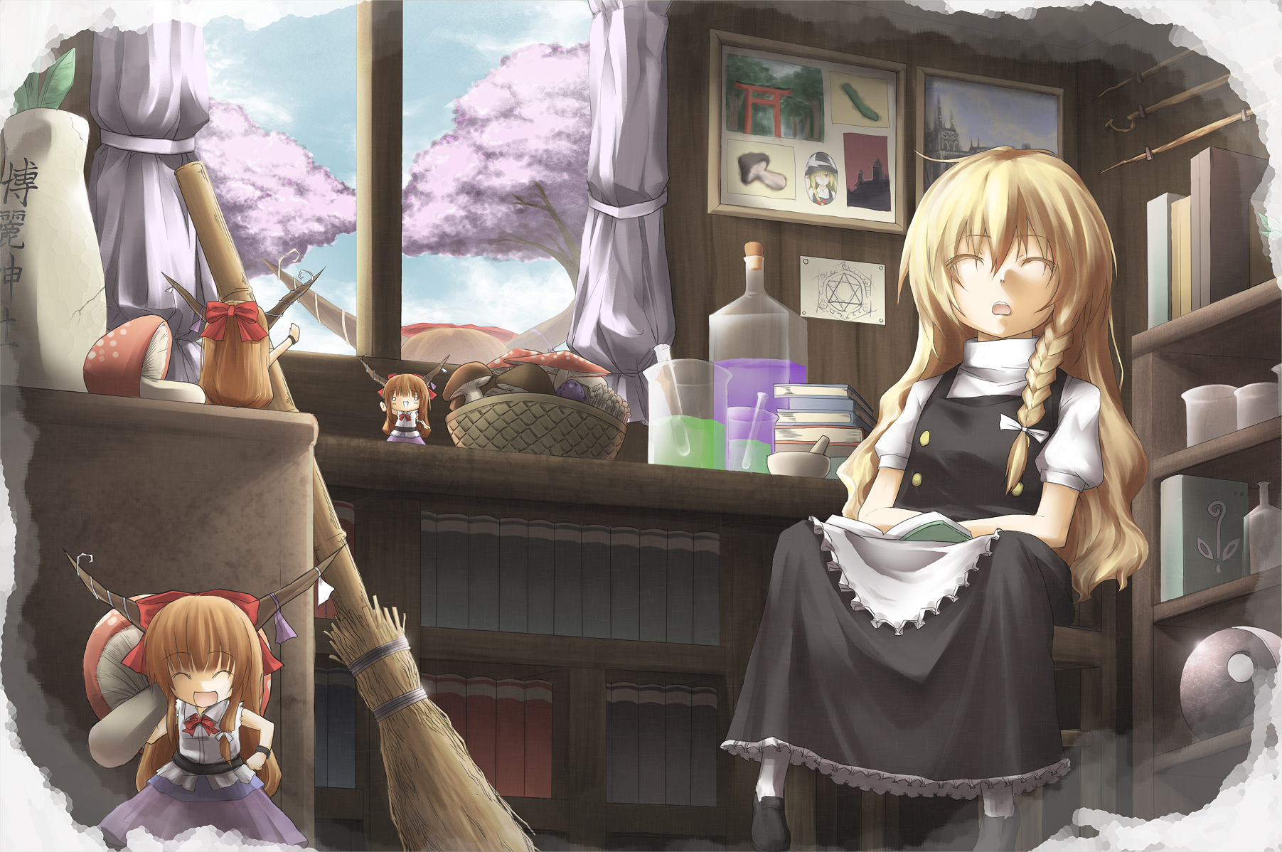 sutagu, ibuki suika, kirisame marisa, touhou, highres, 4girls, blonde hair, braid, broom, cherry blossoms, dress, female focus, fly agaric, horns, mini person, minigirl, multiple girls, mushroom, no headwear, ribbon, room, sitting, sleeping, test tube, window
