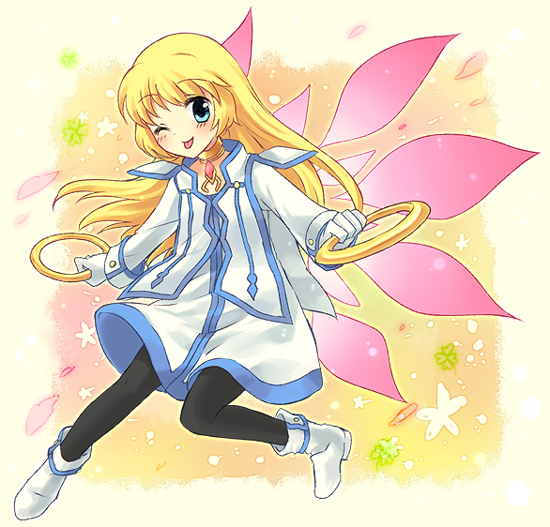 kuguri oimo, colette brunel, tales of (series), tales of symphonia, bad id, bad pixiv id, 00s, black pantyhose, blonde hair, blue eyes, blush, chakram, dress, gloves, holding, holding weapon, leggings, legs, long hair, looking at viewer, one eye closed, pantyhose, smile, solo, tongue, tongue out, weapon, white dress, white gloves, wings, wink