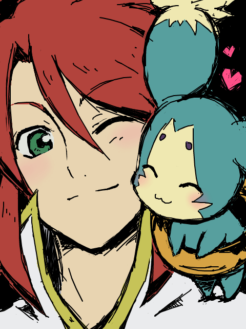 hanosuke, luke fon fabre, mieu (tales), tales of (series), tales of the abyss, 00s, 1boy, blush, creature, green eyes, male focus, one eye closed, red hair, smile, solo, wink