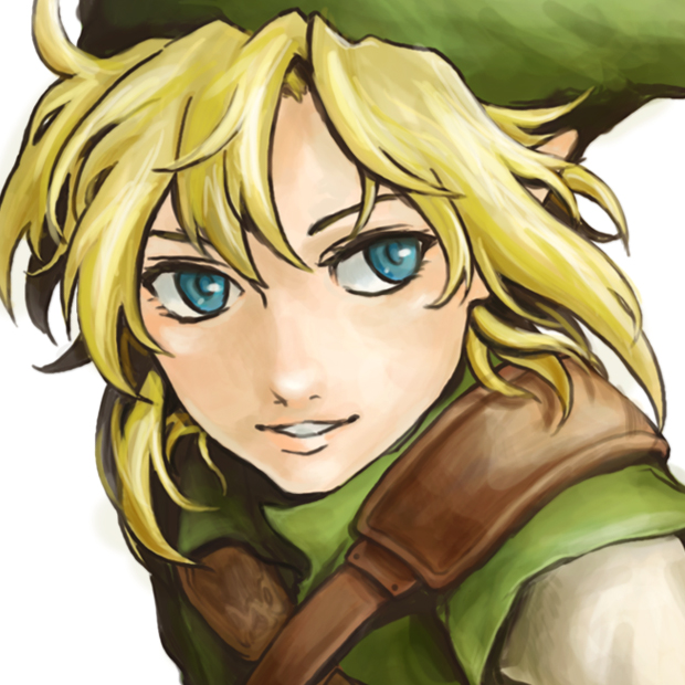 link, nintendo, the legend of zelda, bad id, bad pixiv id, 1boy, blonde hair, blue eyes, hat, male focus, pointy ears, smile, solo