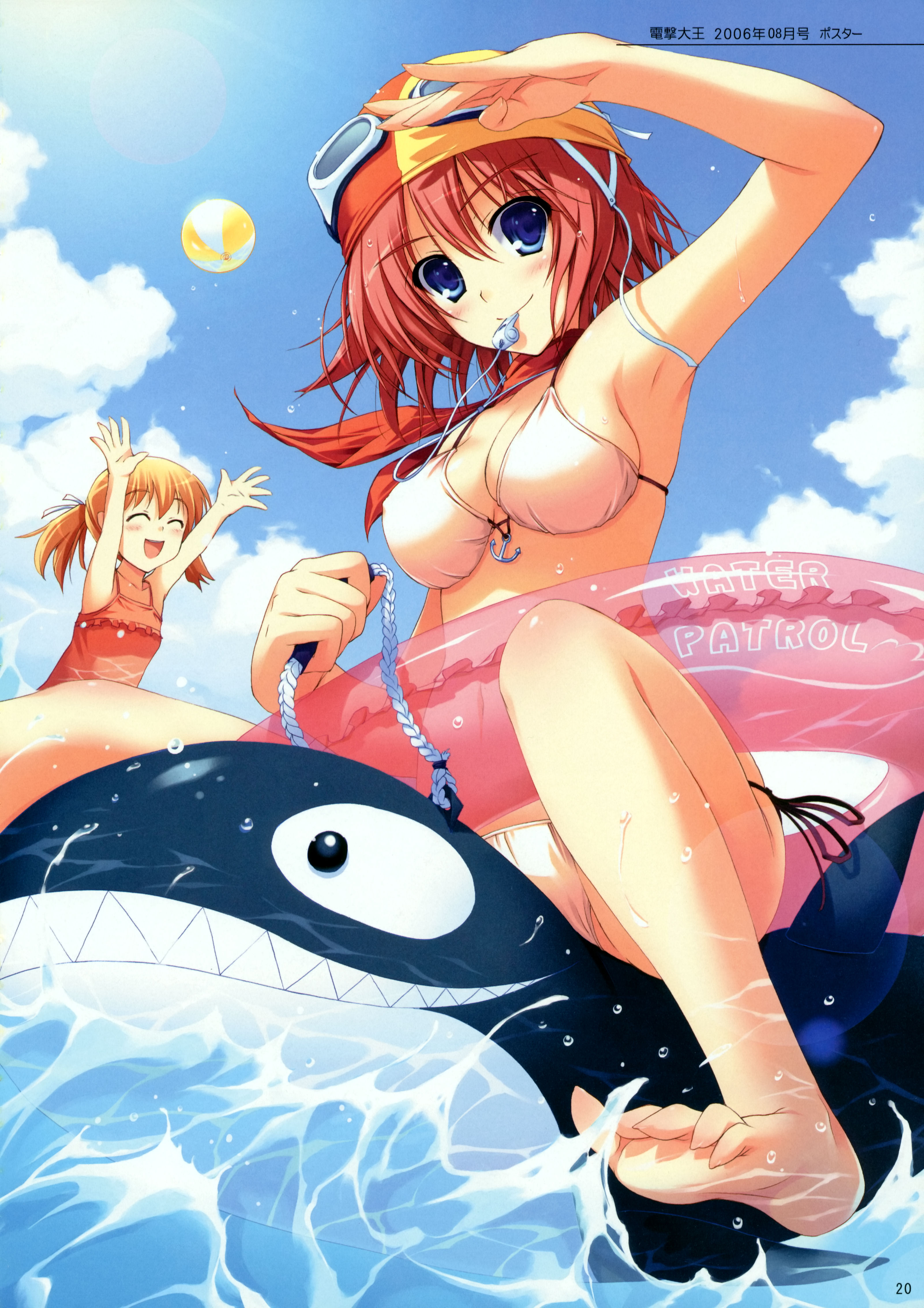 tomose shunsaku, absurdres, highres, 2girls, anchor, armpits, ball, barefoot, bathing cap, beachball, bikini, blonde hair, blue eyes, blush, casual one-piece swimsuit, cloud, day, feet, goggles, goggles on head, inflatable raft, inflatable toy, innertube, lens flare, mouth hold, multiple girls, one-piece swimsuit, outdoors, red hair, salute, short hair, side-tie bikini bottom, sky, sun, swim cap, swim ring, swimsuit, water, whistle